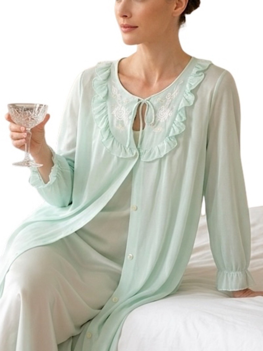 Vintage Mint Green Ruffle Embroidered Button Front Maxi Robe - Picture 2 of 13